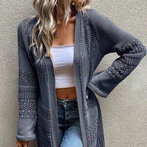 Grey Casual Women's Minimalist Hollow-Out Knitted Cardigan